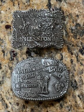 New vtg National Finals Rodeo Hesston 1987&1992 Belt Buckle Fred Fellows & Agco